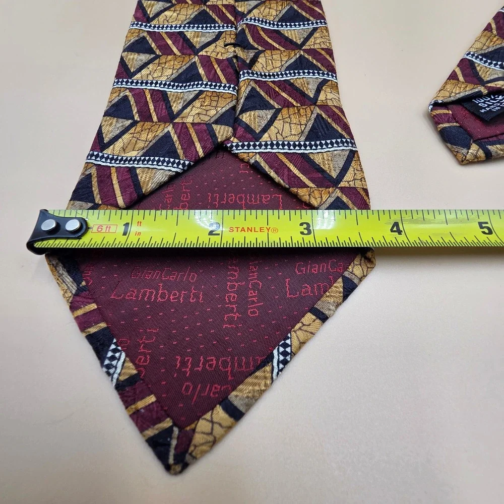 GianCarlo Lamberti Mens Silk Tie Geometric Abstract Gold Burgundy Made in Italy